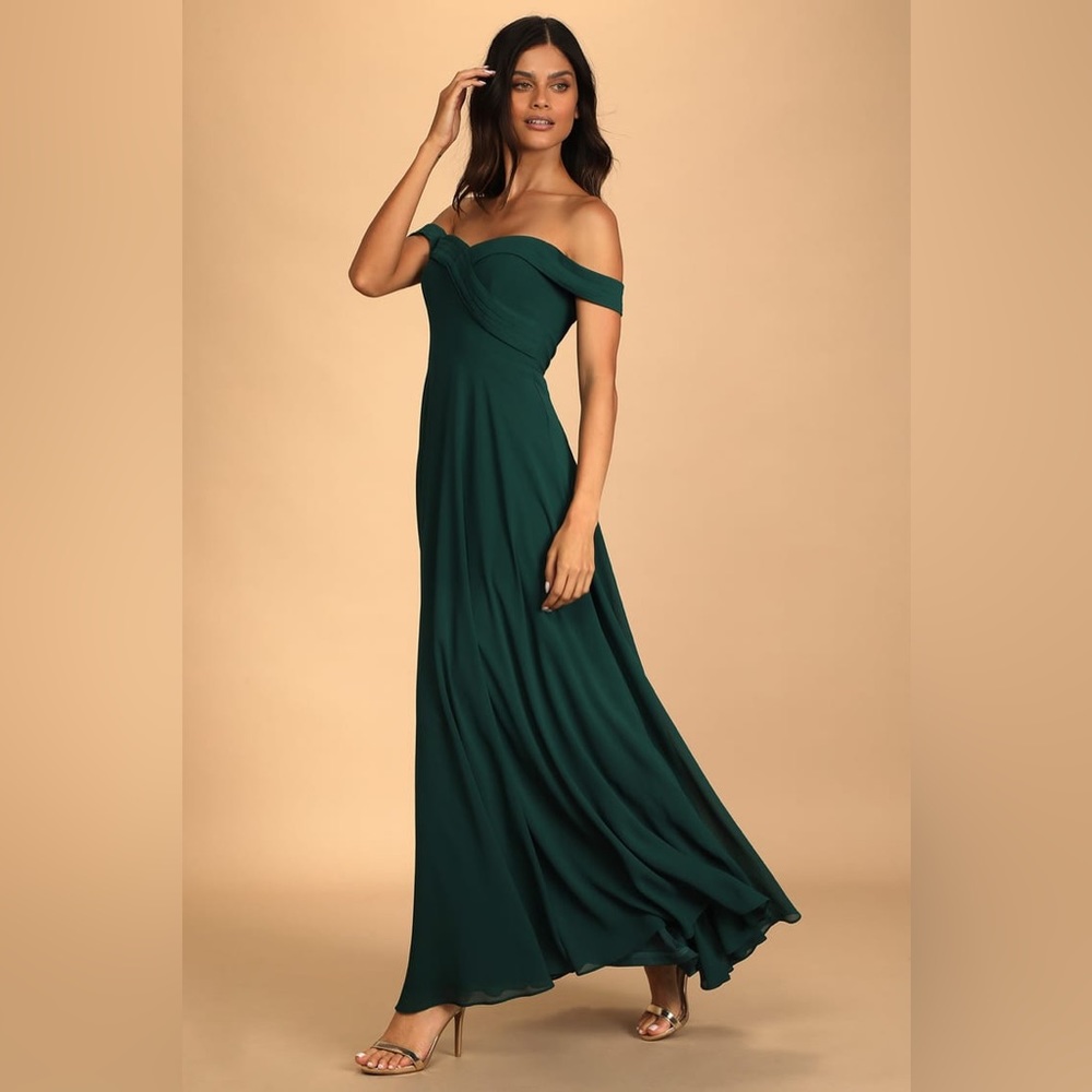 Romantic Elegance Hunter Green Off-the-Shoulder Maxi Dress size XL, new w/o tags